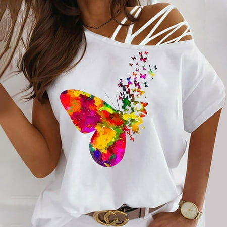 Summer Womens Short Sleeve Butterfly T-shirt Tops Blouse